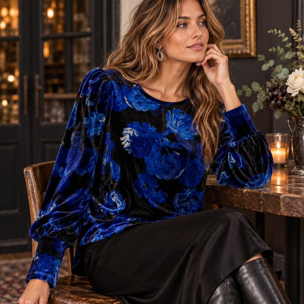 Velvet Puff Sleeve Floral Top Sz M Blue Black Dark Romantic Fairy Grunge Regency